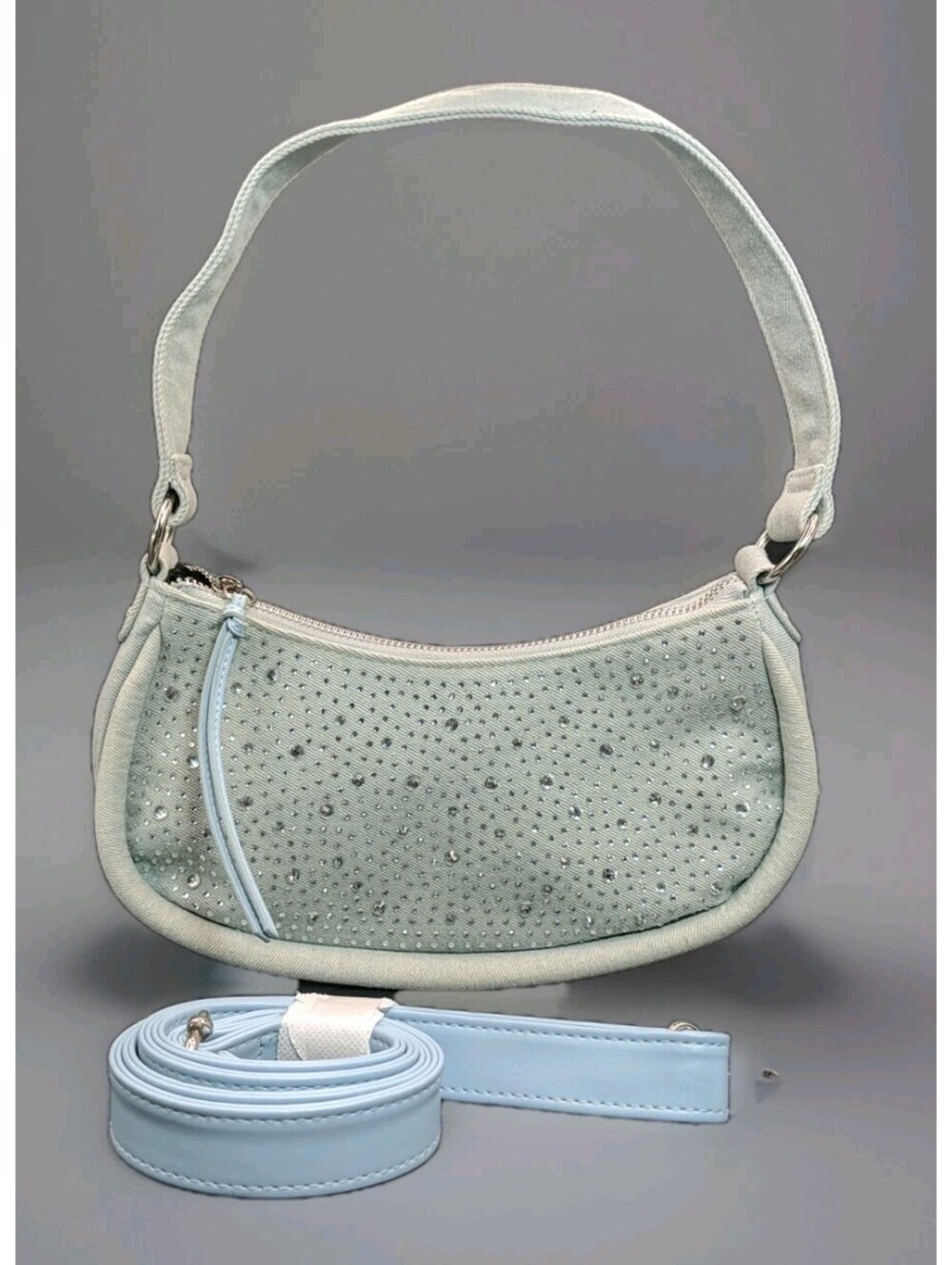 No Boundaries Light Blue Rhinestone Baguette Shoulder Bag Crossbody Purse Strap